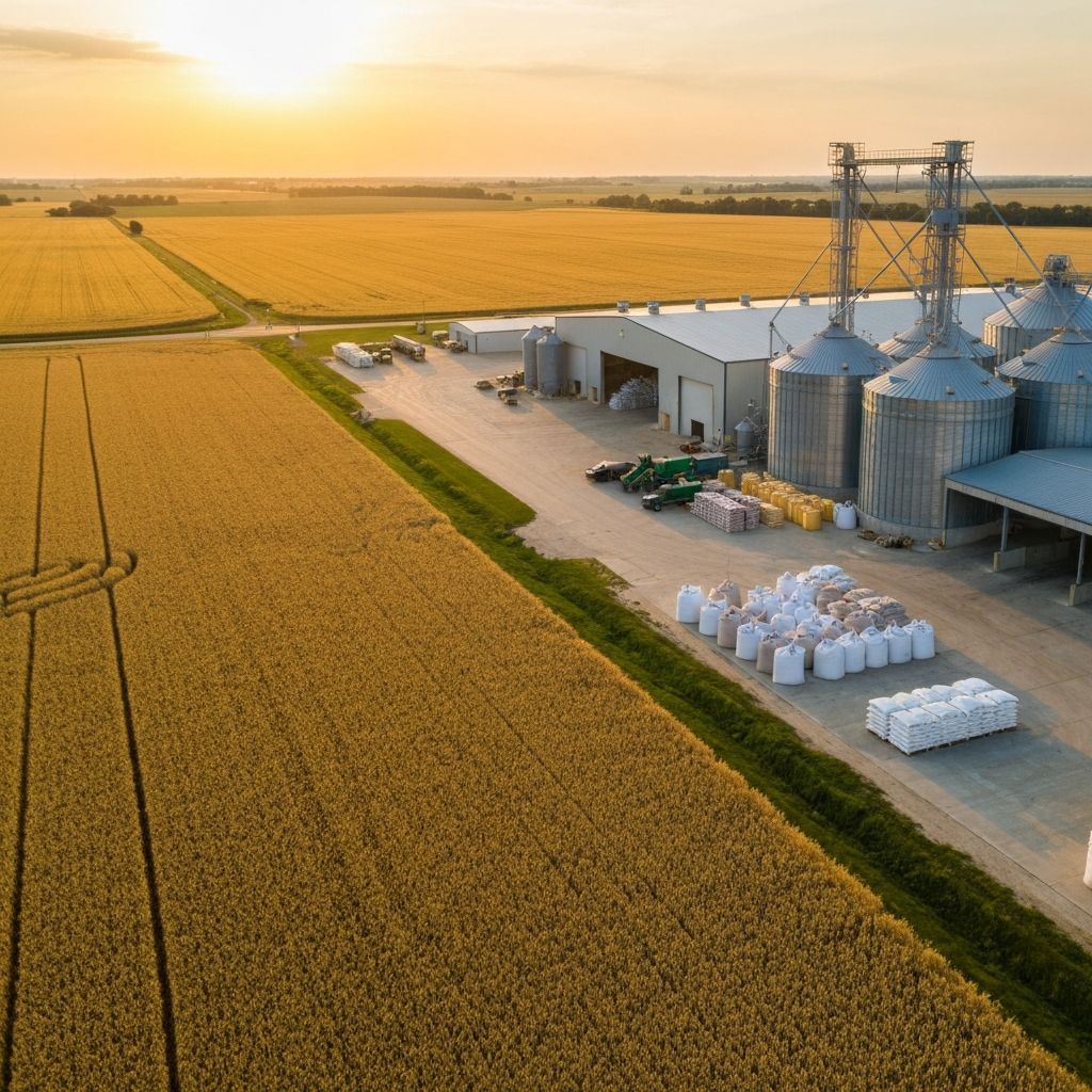 Agricultural grain fields and warehouses